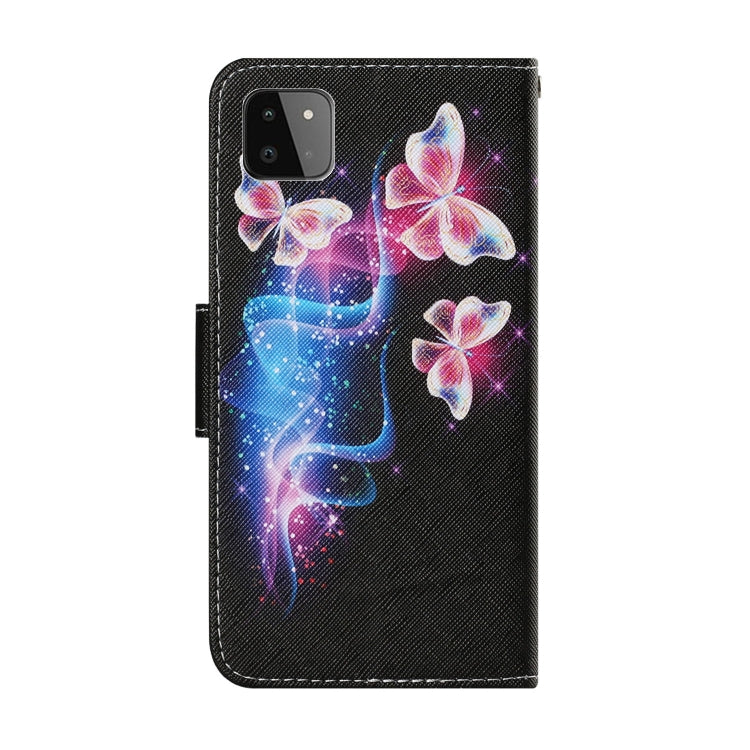 For Samsung Galaxy A22 5G Coloured Drawing Pattern Horizontal Flip PU Leather Case with Holder & Card Slots & Wallet & Lanyard(Three Fluorescent Butterflies) by buy2fix