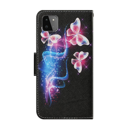 For Samsung Galaxy A22 5G Coloured Drawing Pattern Horizontal Flip PU Leather Case with Holder & Card Slots & Wallet & Lanyard(Three Fluorescent Butterflies) by buy2fix
