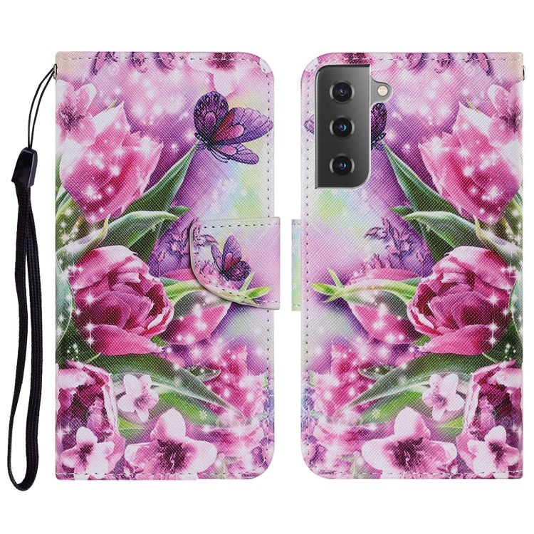 For Samsung Galaxy S21 FE Coloured Drawing Pattern Horizontal Flip PU Leather Case with Holder & Card Slots & Wallet & Lanyard(Rose Butterfly) by buy2fix