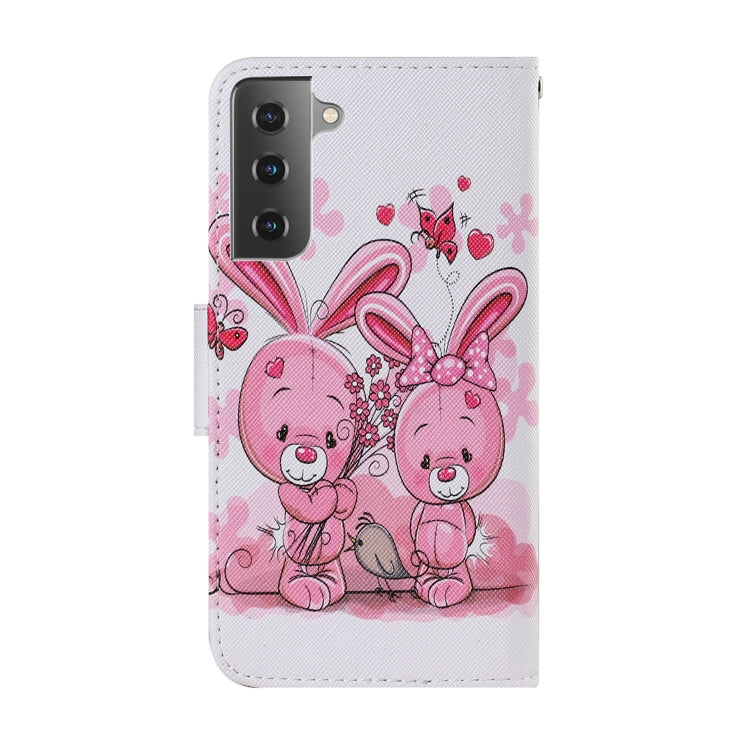 For Samsung Galaxy S21 FE Coloured Drawing Pattern Horizontal Flip PU Leather Case with Holder & Card Slots & Wallet & Lanyard(Cute Rabbit) by buy2fix