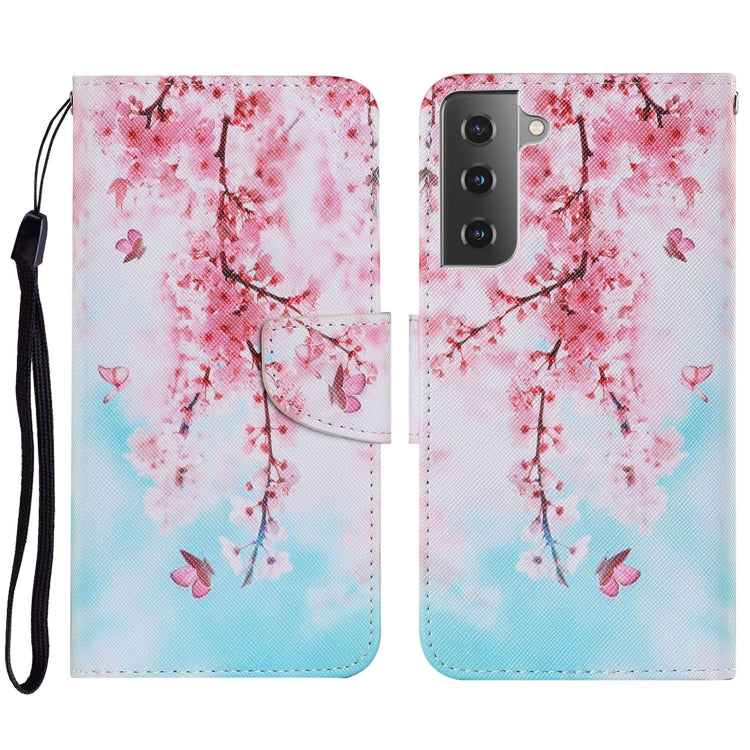 For Samsung Galaxy S21 FE Coloured Drawing Pattern Horizontal Flip PU Leather Case with Holder & Card Slots & Wallet & Lanyard(Cherry Blossoms) by buy2fix