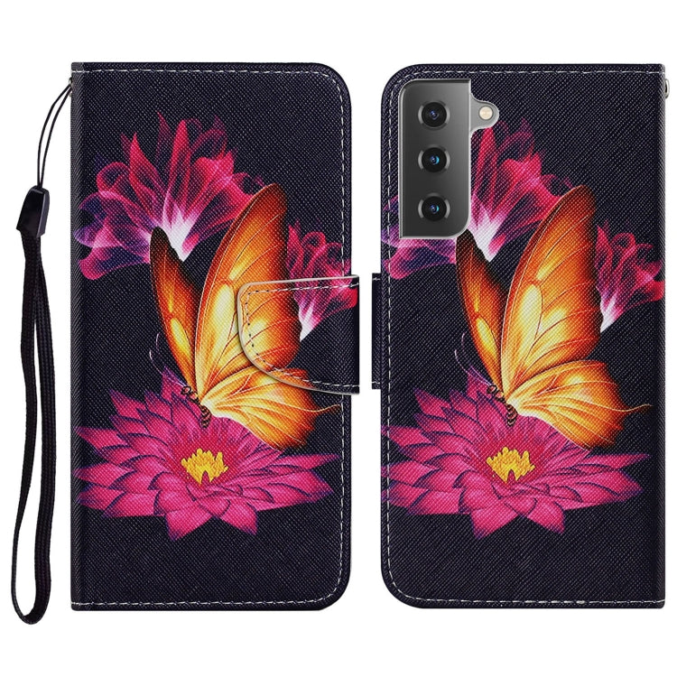 For Samsung Galaxy S21 FE Coloured Drawing Pattern Horizontal Flip PU Leather Case with Holder & Card Slots & Wallet & Lanyard(Big Golden Butterfly) by buy2fix