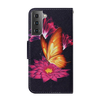 For Samsung Galaxy S21 FE Coloured Drawing Pattern Horizontal Flip PU Leather Case with Holder & Card Slots & Wallet & Lanyard(Big Golden Butterfly) by buy2fix