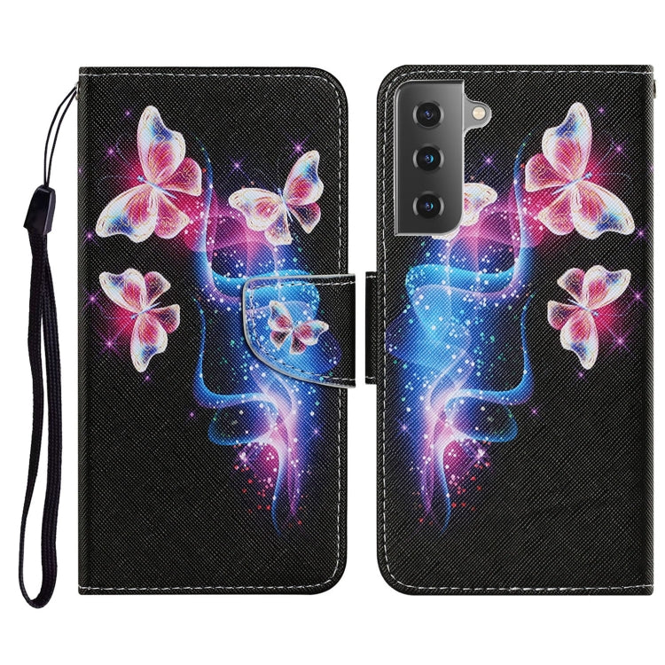 For Samsung Galaxy S21 FE Coloured Drawing Pattern Horizontal Flip PU Leather Case with Holder & Card Slots & Wallet & Lanyard(Three Fluorescent Butterflies) by buy2fix