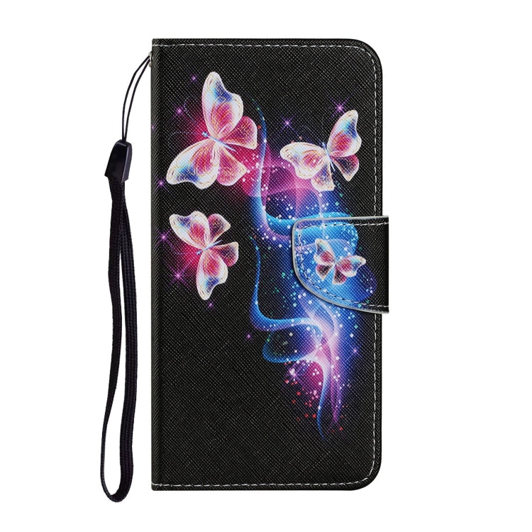 For Samsung Galaxy S21 FE Coloured Drawing Pattern Horizontal Flip PU Leather Case with Holder & Card Slots & Wallet & Lanyard(Three Fluorescent Butterflies) by buy2fix