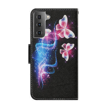 For Samsung Galaxy S21 FE Coloured Drawing Pattern Horizontal Flip PU Leather Case with Holder & Card Slots & Wallet & Lanyard(Three Fluorescent Butterflies) by buy2fix