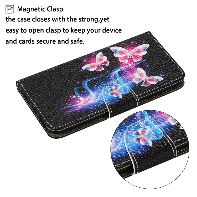 For Samsung Galaxy S21 FE Coloured Drawing Pattern Horizontal Flip PU Leather Case with Holder & Card Slots & Wallet & Lanyard(Three Fluorescent Butterflies) by buy2fix