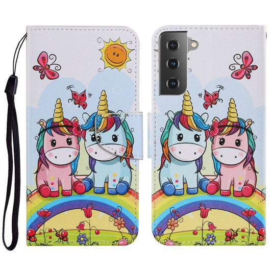 For Samsung Galaxy S21 FE Coloured Drawing Pattern Horizontal Flip PU Leather Case with Holder & Card Slots & Wallet & Lanyard(Couple Unicorn) by buy2fix