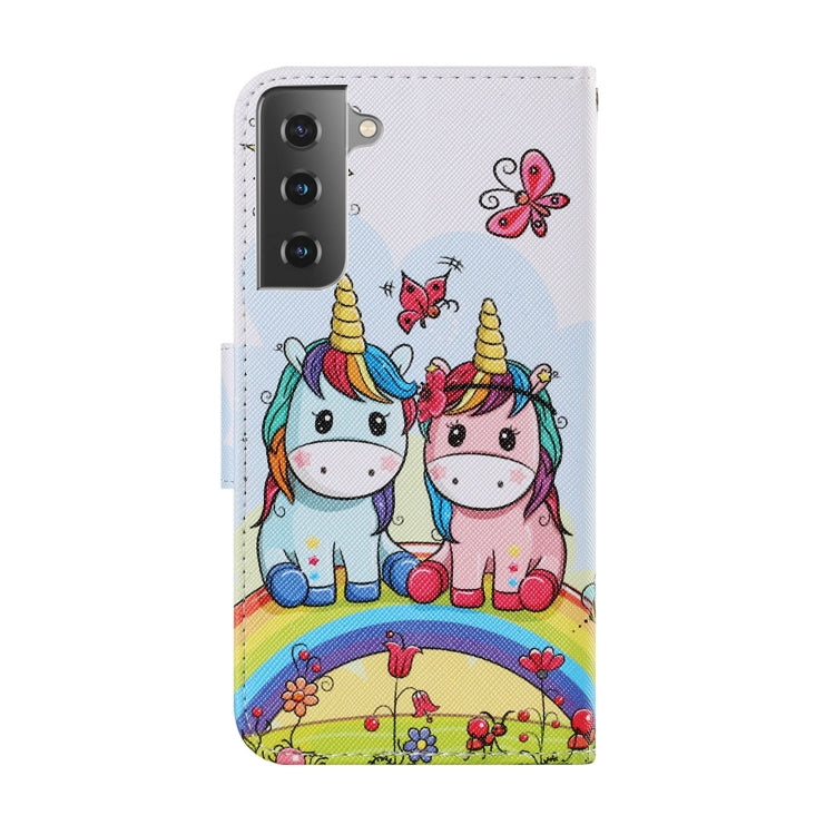 For Samsung Galaxy S21 FE Coloured Drawing Pattern Horizontal Flip PU Leather Case with Holder & Card Slots & Wallet & Lanyard(Couple Unicorn) by buy2fix
