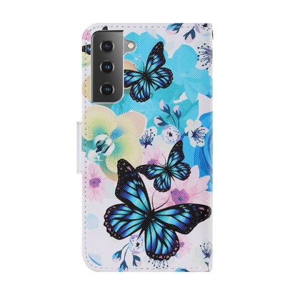 For Samsung Galaxy S21 FE Coloured Drawing Pattern Horizontal Flip PU Leather Case with Holder & Card Slots & Wallet & Lanyard(Purple Butterfly) by buy2fix