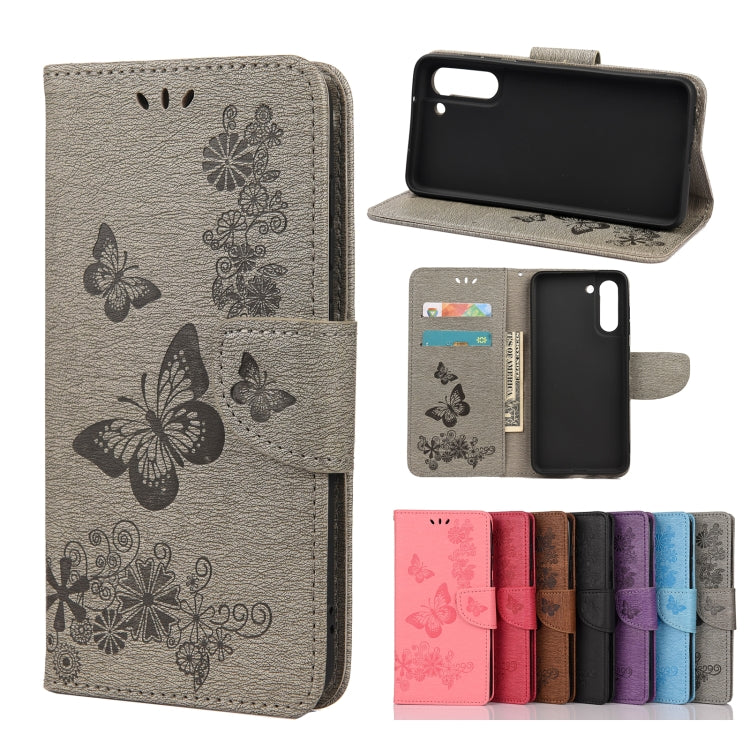 For Samsung Galaxy S21 FE Butterflies Embossing Horizontal Flip Leather Case with Holder & Card Slots & Wallet(Grey) by buy2fix