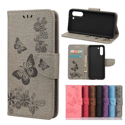 For Samsung Galaxy S21 FE Butterflies Embossing Horizontal Flip Leather Case with Holder & Card Slots & Wallet(Grey) by buy2fix