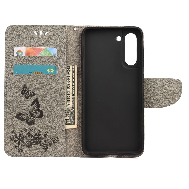 For Samsung Galaxy S21 FE Butterflies Embossing Horizontal Flip Leather Case with Holder & Card Slots & Wallet(Grey) by buy2fix