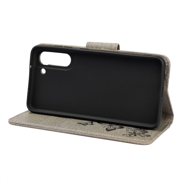 For Samsung Galaxy S21 FE Butterflies Embossing Horizontal Flip Leather Case with Holder & Card Slots & Wallet(Grey) by buy2fix