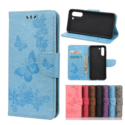 For Samsung Galaxy S21 FE Butterflies Embossing Horizontal Flip Leather Case with Holder & Card Slots & Wallet(Blue) by buy2fix