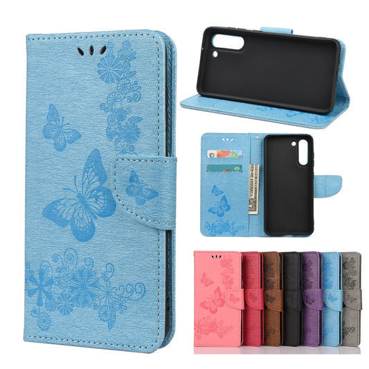 For Samsung Galaxy S21 FE Butterflies Embossing Horizontal Flip Leather Case with Holder & Card Slots & Wallet(Blue) by buy2fix