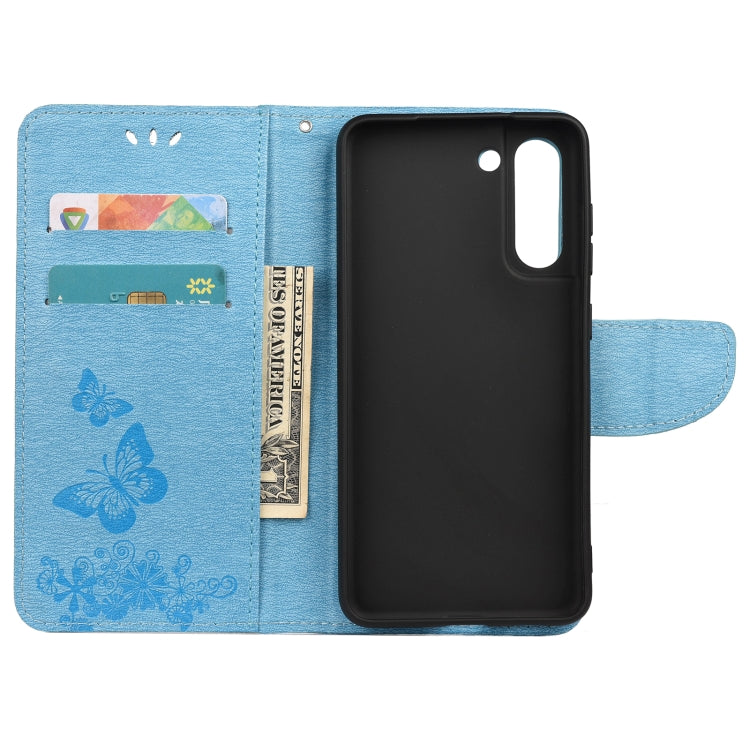 For Samsung Galaxy S21 FE Butterflies Embossing Horizontal Flip Leather Case with Holder & Card Slots & Wallet(Blue) by buy2fix