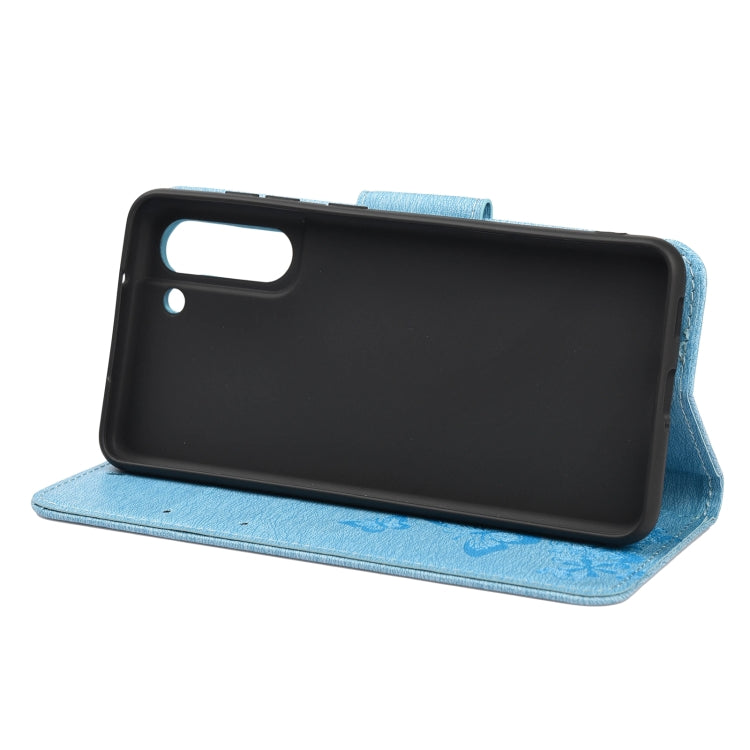 For Samsung Galaxy S21 FE Butterflies Embossing Horizontal Flip Leather Case with Holder & Card Slots & Wallet(Blue) by buy2fix
