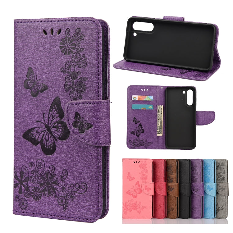 For Samsung Galaxy S21 FE Butterflies Embossing Horizontal Flip Leather Case with Holder & Card Slots & Wallet(Purple) by buy2fix