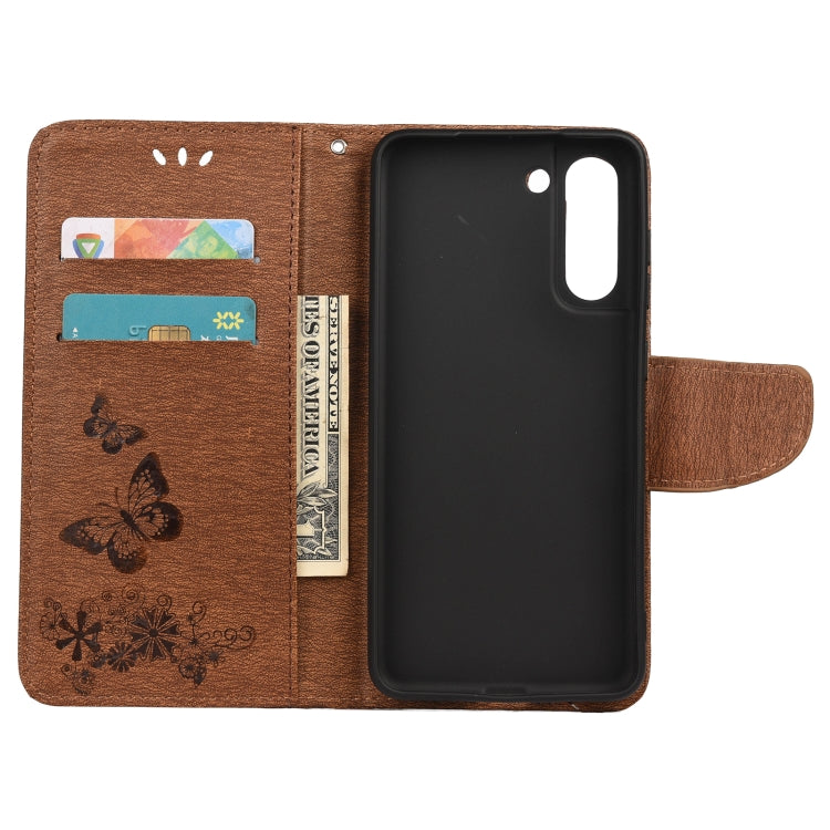 For Samsung Galaxy S21 FE Butterflies Embossing Horizontal Flip Leather Case with Holder & Card Slots & Wallet(Brown) by buy2fix