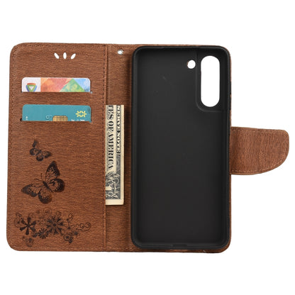 For Samsung Galaxy S21 FE Butterflies Embossing Horizontal Flip Leather Case with Holder & Card Slots & Wallet(Brown) by buy2fix