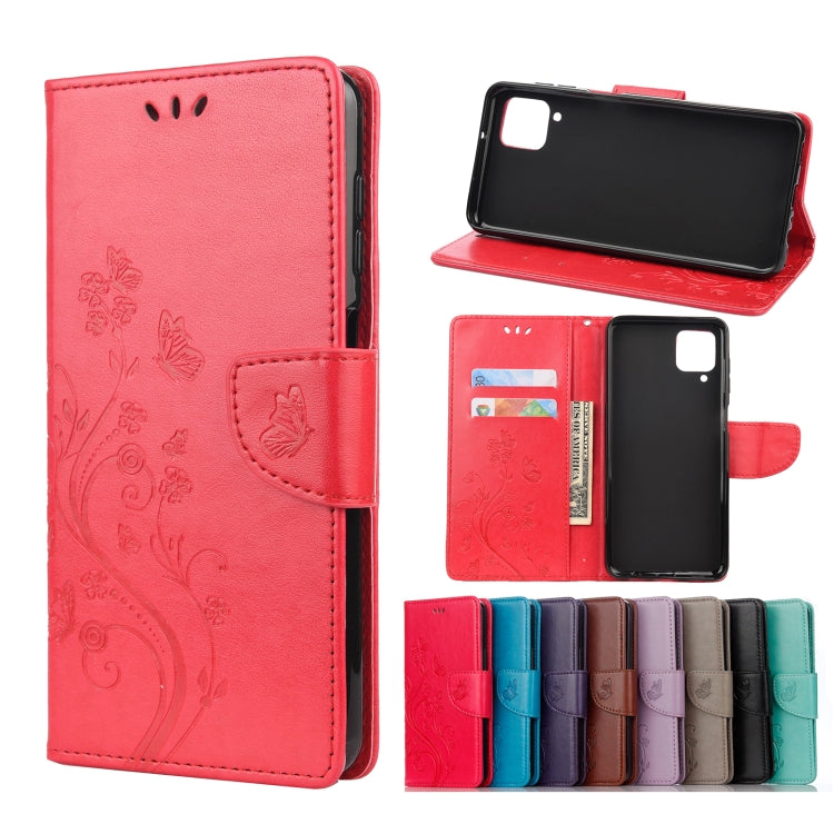 For Samsung Galaxy A12 5G Butterfly Flower Pattern Horizontal Flip Leather Case with Holder & Card Slots & Wallet(Red) by buy2fix