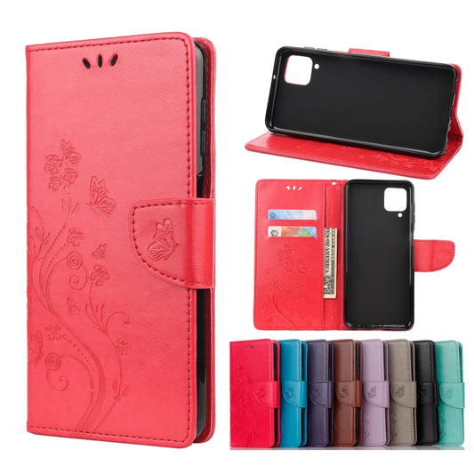 For Samsung Galaxy A12 5G Butterfly Flower Pattern Horizontal Flip Leather Case with Holder & Card Slots & Wallet(Red) by buy2fix