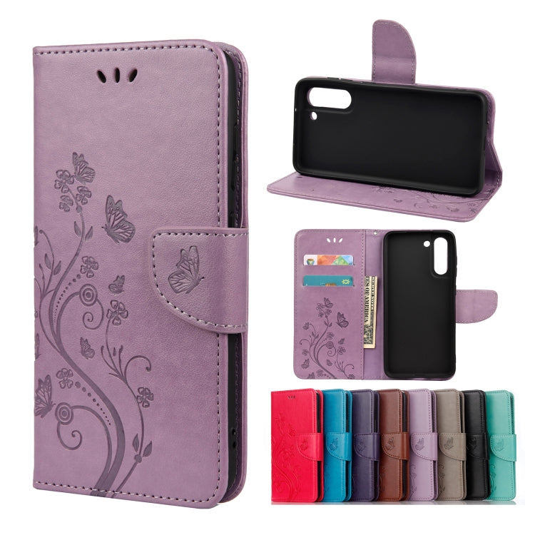 For Samsung Galaxy S21 FE Butterfly Flower Pattern Horizontal Flip Leather Case with Holder & Card Slots & Wallet(Light Purple) by buy2fix