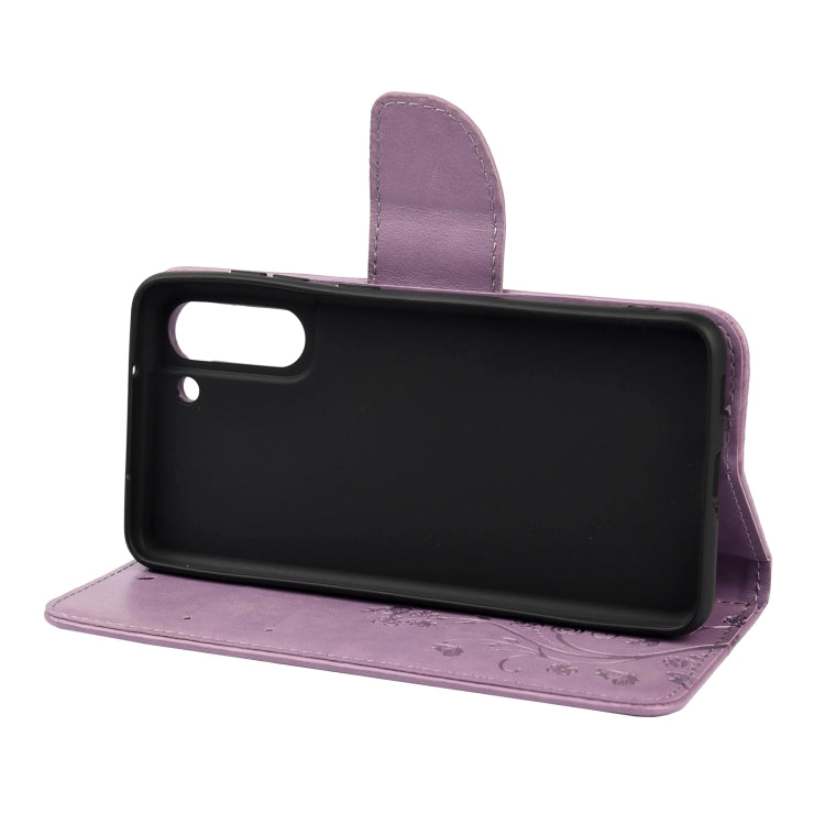 For Samsung Galaxy S21 FE Butterfly Flower Pattern Horizontal Flip Leather Case with Holder & Card Slots & Wallet(Light Purple) by buy2fix