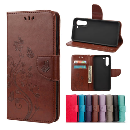 For Samsung Galaxy S21 FE Butterfly Flower Pattern Horizontal Flip Leather Case with Holder & Card Slots & Wallet(Brown) by buy2fix