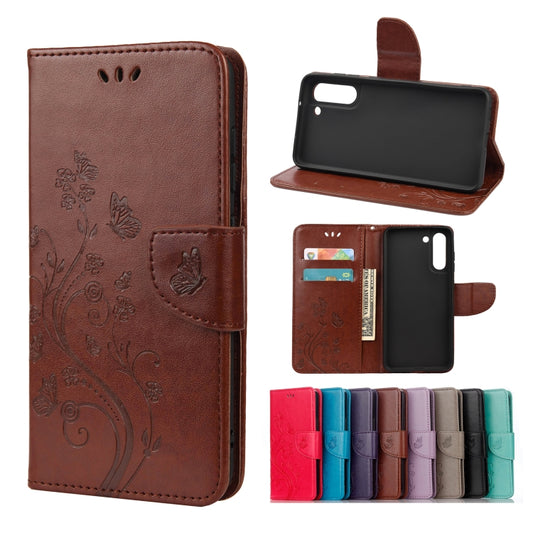 For Samsung Galaxy S21 FE Butterfly Flower Pattern Horizontal Flip Leather Case with Holder & Card Slots & Wallet(Brown) by buy2fix