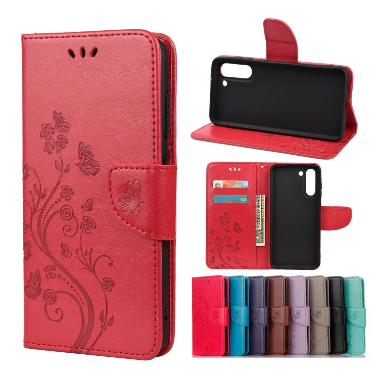 For Samsung Galaxy S21 FE Butterfly Flower Pattern Horizontal Flip Leather Case with Holder & Card Slots & Wallet(Red) by buy2fix