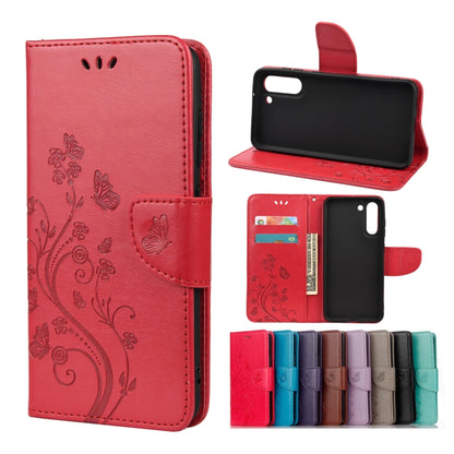 For Samsung Galaxy S21 FE Butterfly Flower Pattern Horizontal Flip Leather Case with Holder & Card Slots & Wallet(Red) by buy2fix