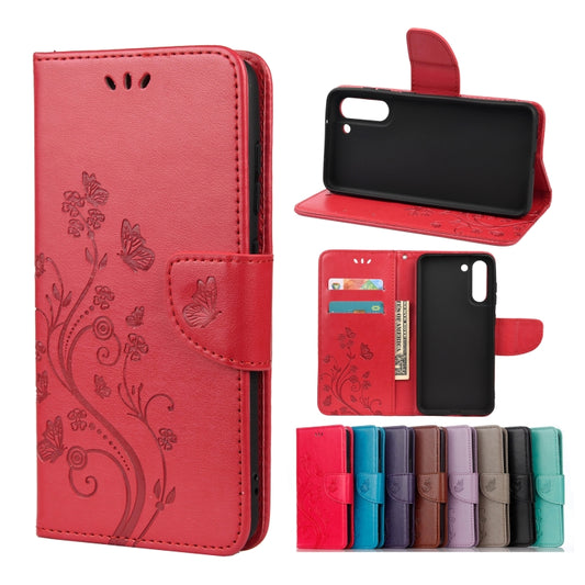 For Samsung Galaxy S21 FE Butterfly Flower Pattern Horizontal Flip Leather Case with Holder & Card Slots & Wallet(Red) by buy2fix