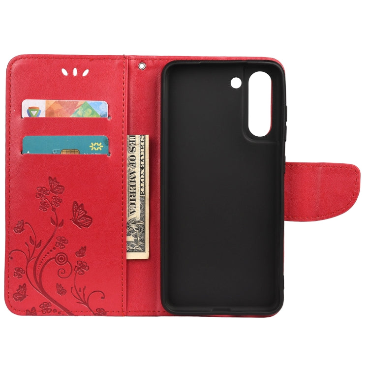For Samsung Galaxy S21 FE Butterfly Flower Pattern Horizontal Flip Leather Case with Holder & Card Slots & Wallet(Red) by buy2fix