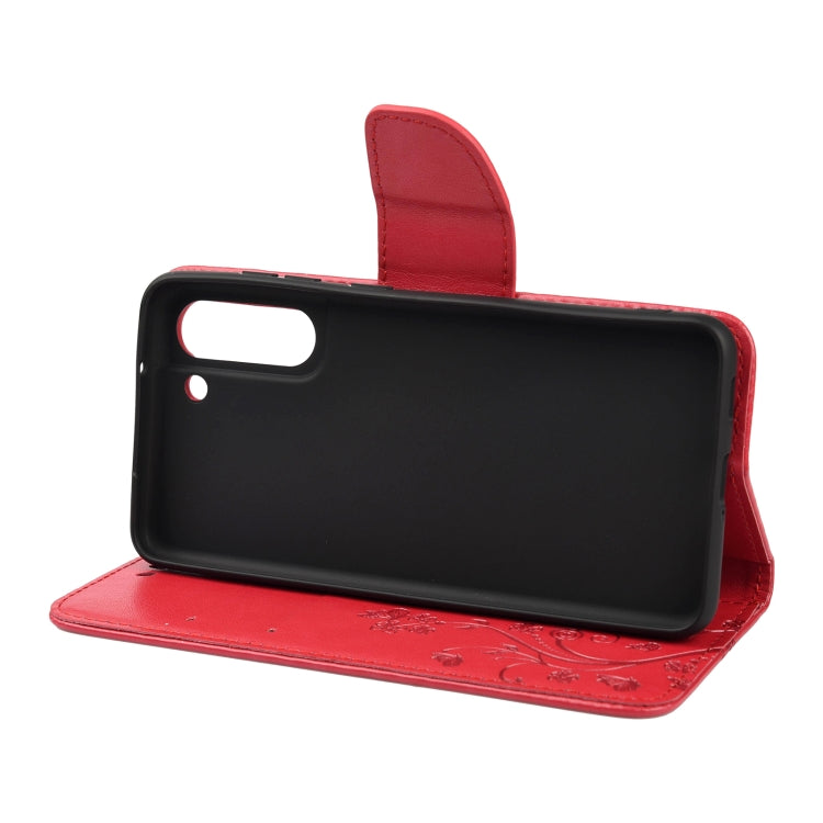 For Samsung Galaxy S21 FE Butterfly Flower Pattern Horizontal Flip Leather Case with Holder & Card Slots & Wallet(Red) by buy2fix