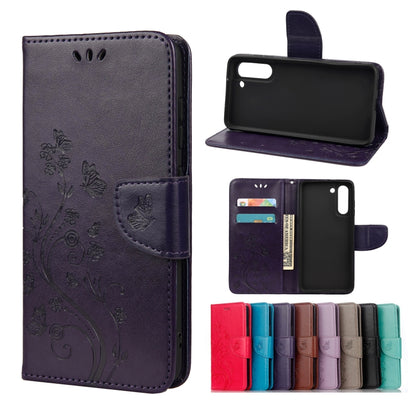 For Samsung Galaxy S21 FE Butterfly Flower Pattern Horizontal Flip Leather Case with Holder & Card Slots & Wallet(Deep Purple) by buy2fix