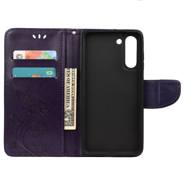 For Samsung Galaxy S21 FE Butterfly Flower Pattern Horizontal Flip Leather Case with Holder & Card Slots & Wallet(Deep Purple) by buy2fix