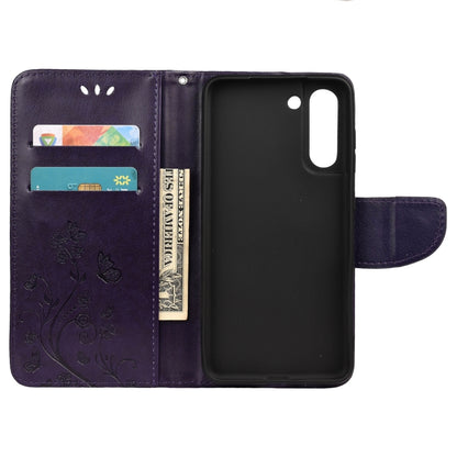 For Samsung Galaxy S21 FE Butterfly Flower Pattern Horizontal Flip Leather Case with Holder & Card Slots & Wallet(Deep Purple) by buy2fix