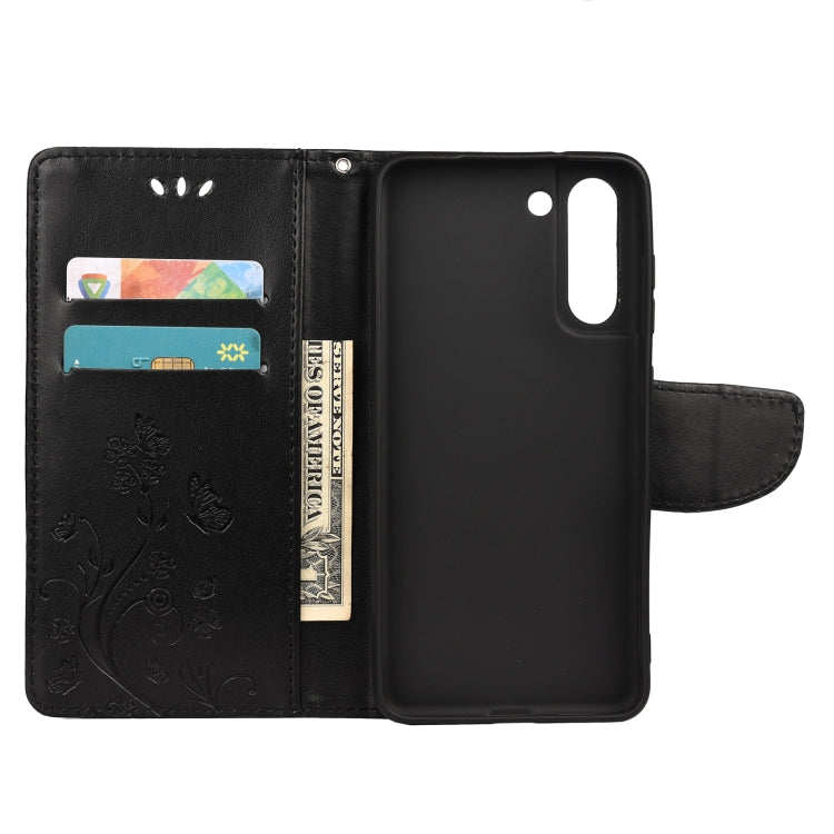 For Samsung Galaxy S21 FE Butterfly Flower Pattern Horizontal Flip Leather Case with Holder & Card Slots & Wallet(Black) by buy2fix