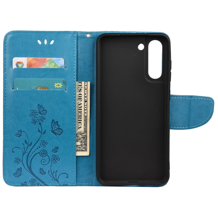 For Samsung Galaxy S21 FE Butterfly Flower Pattern Horizontal Flip Leather Case with Holder & Card Slots & Wallet(Blue) by buy2fix