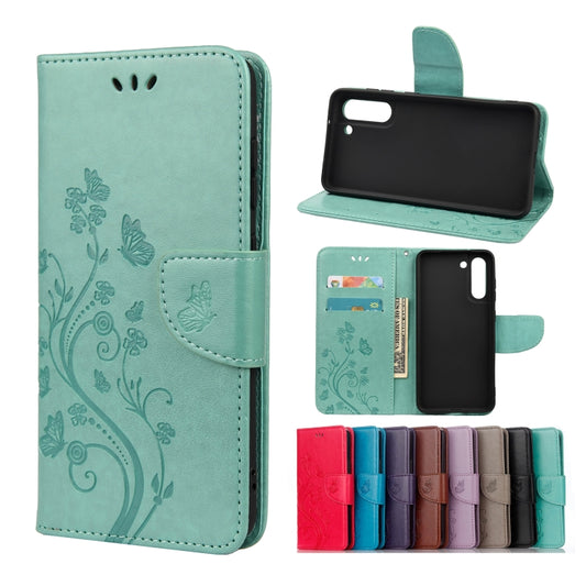 For Samsung Galaxy S21 FE Butterfly Flower Pattern Horizontal Flip Leather Case with Holder & Card Slots & Wallet(Green) by buy2fix