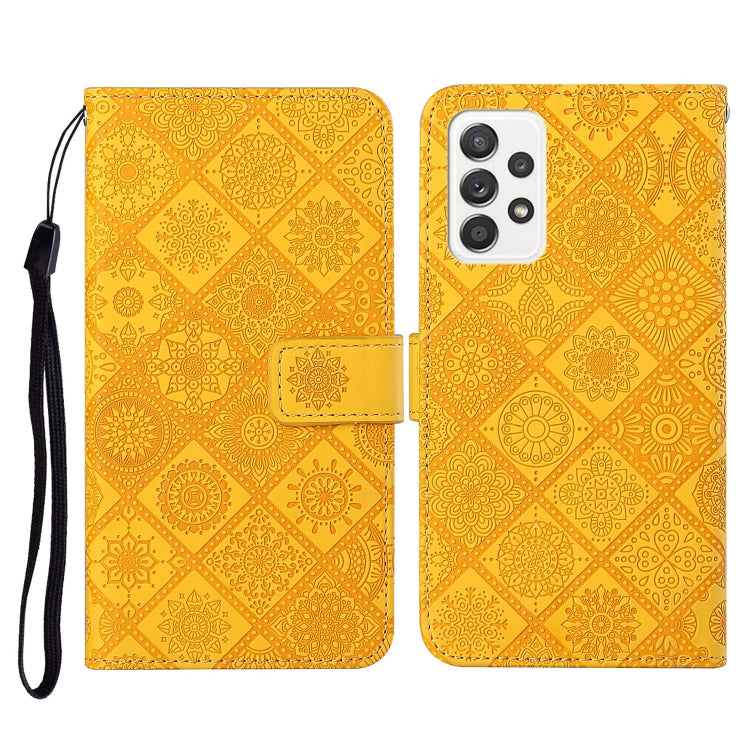 For Samsung Galaxy A52 5G / 4G Ethnic Style Embossed Pattern Horizontal Flip Leather Case with Holder & Card Slots & Wallet & Lanyard(Yellow) by buy2fix