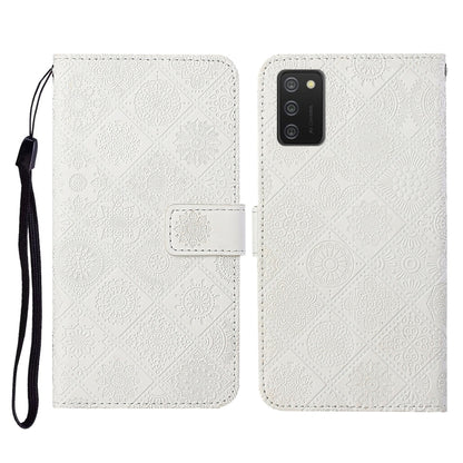 For Samsung Galaxy A02s EU Version Ethnic Style Embossed Pattern Horizontal Flip Leather Case with Holder & Card Slots & Wallet & Lanyard(White) by buy2fix