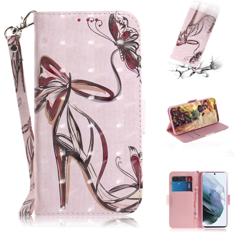 For Samsung Galaxy S21 FE 3D Colored Drawing Horizontal Flip Leather Case with Holder & Card Slots & Wallet & Lanyard(Butterfly High-heeled) by buy2fix