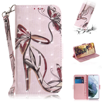For Samsung Galaxy S21 FE 3D Colored Drawing Horizontal Flip Leather Case with Holder & Card Slots & Wallet & Lanyard(Butterfly High-heeled) by buy2fix