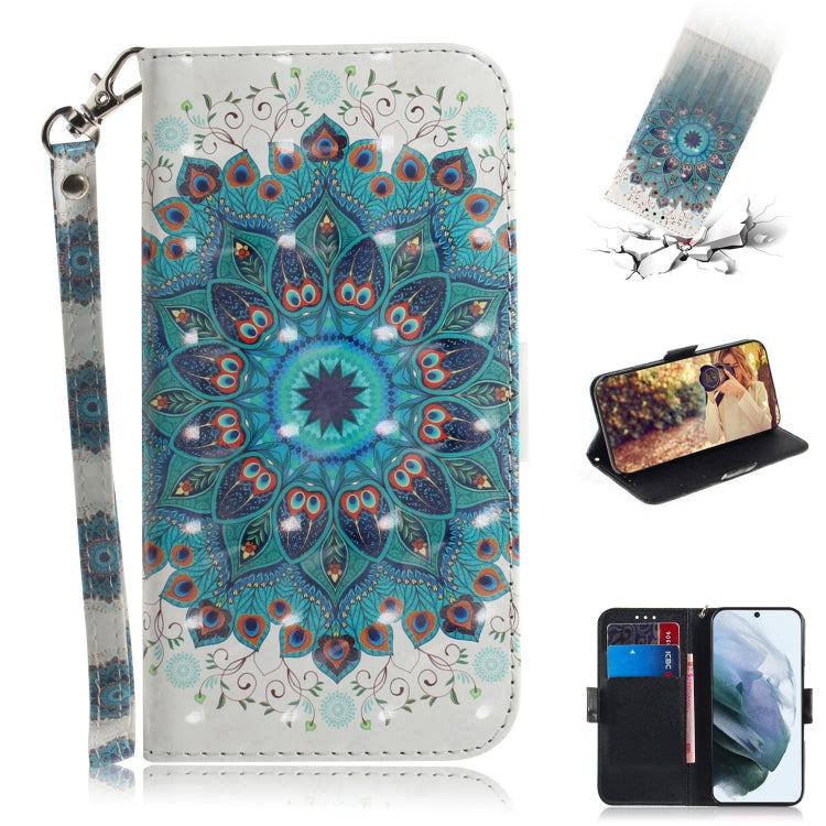 For Samsung Galaxy S21 FE 3D Colored Drawing Horizontal Flip Leather Case with Holder & Card Slots & Wallet & Lanyard(Peacock Wreath) by buy2fix