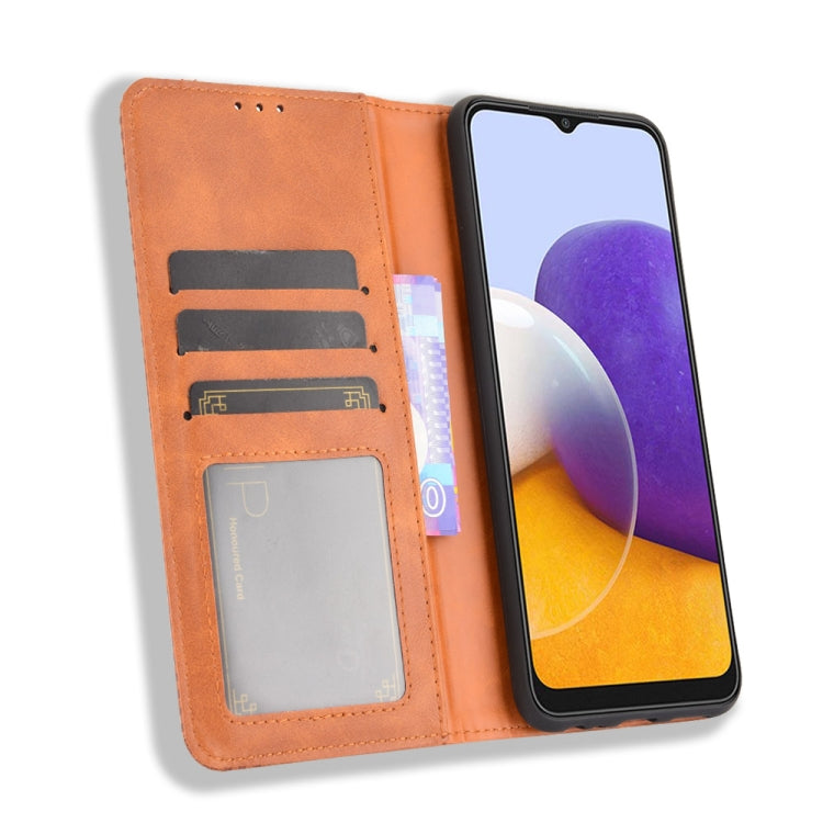 For Samsung Galaxy A22 5G Magnetic Buckle Retro Crazy Horse Texture Horizontal Flip Leather Case with Holder & Card Slots & Photo Frame(Brown) by buy2fix