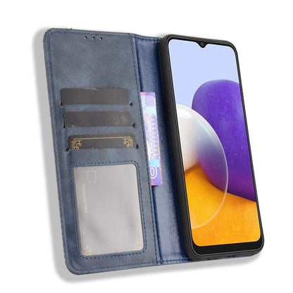 For Samsung Galaxy A22 5G Magnetic Buckle Retro Crazy Horse Texture Horizontal Flip Leather Case with Holder & Card Slots & Photo Frame(Blue) by buy2fix