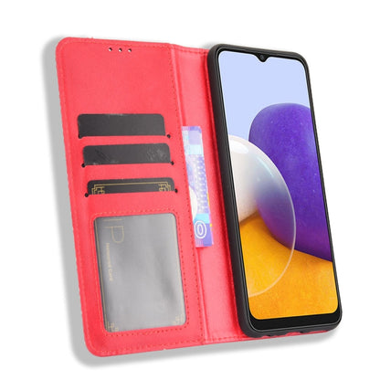 For Samsung Galaxy A22 5G Magnetic Buckle Retro Crazy Horse Texture Horizontal Flip Leather Case with Holder & Card Slots & Photo Frame(Red) by buy2fix